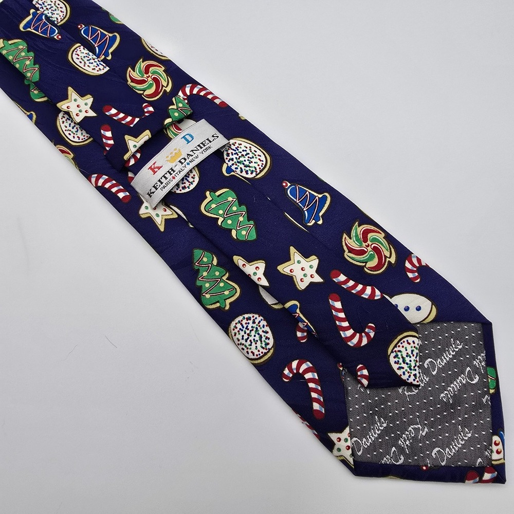 Keith Daniels Mens Christmas Cookie Holiday Necktie Navy Blue Snowman Tree - Picture 2 of 6